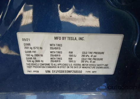 2021 Tesla Model Y Long Range Dual Motor All-Wheel Drive z USA, uszkodzony, nr VIN 5YJYGDEE0MF268550